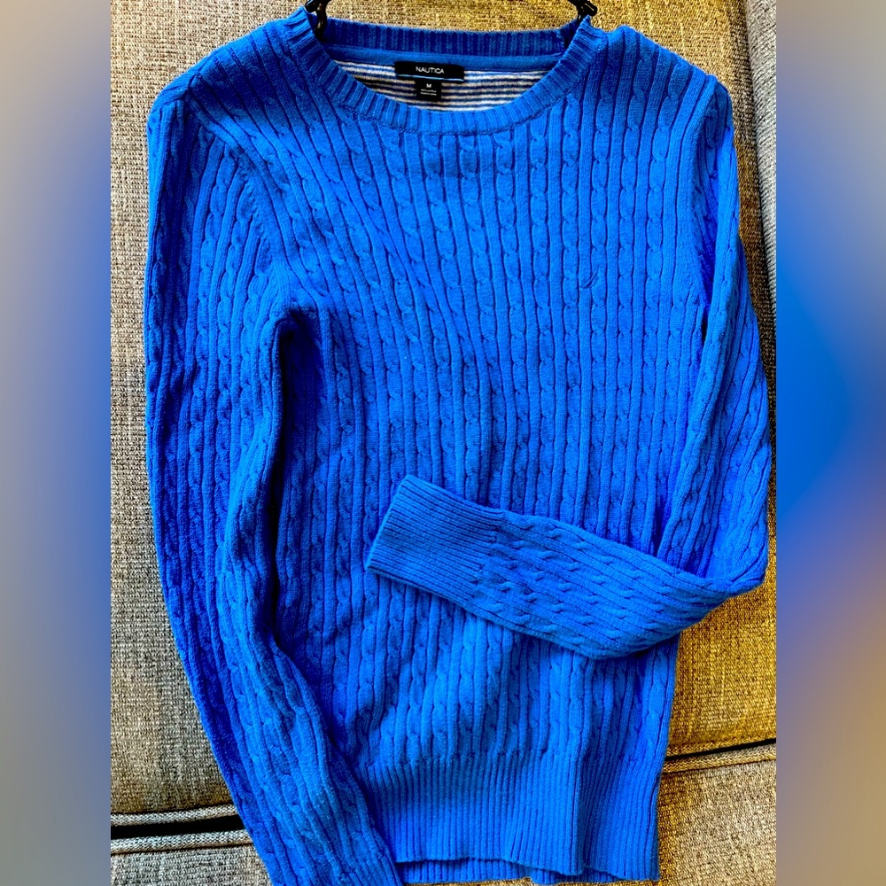 Nautica Sweater Women's Medium Blue Pullover Crew Neck Long Sleeve Stretch Knit
